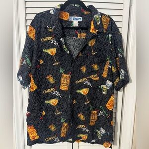 Vintage Y2K 90s Utility Cheers Tiki Allover Print Button Down Shirt